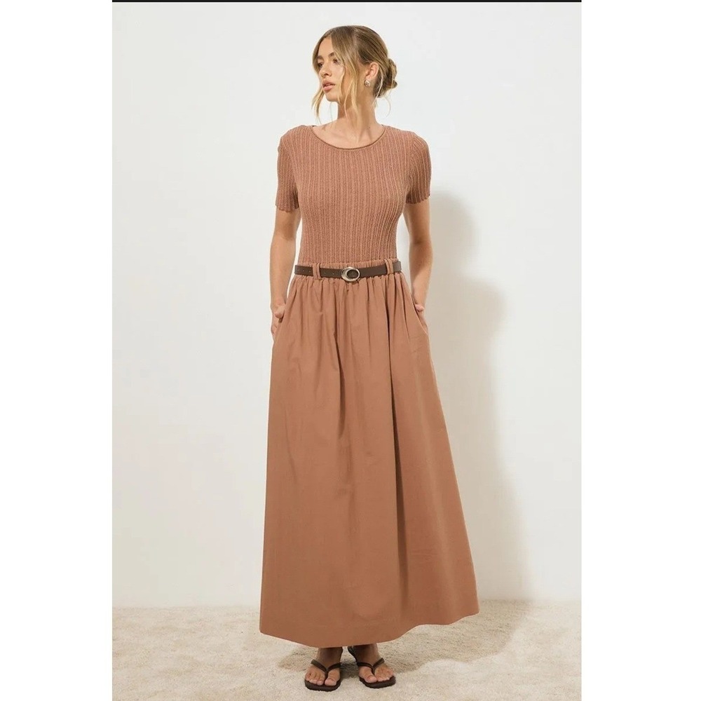 Mon Renn Eternal Knit Combo Dress Hazelnut Brown Ribbed Maxi Belted Short Sleeve